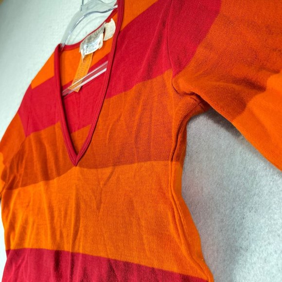 Vintage TAN GUIDICELLI Women EU40 USL Red Striped Deep V-Neck Short Sleeve Shirt - Picture 3 of 8